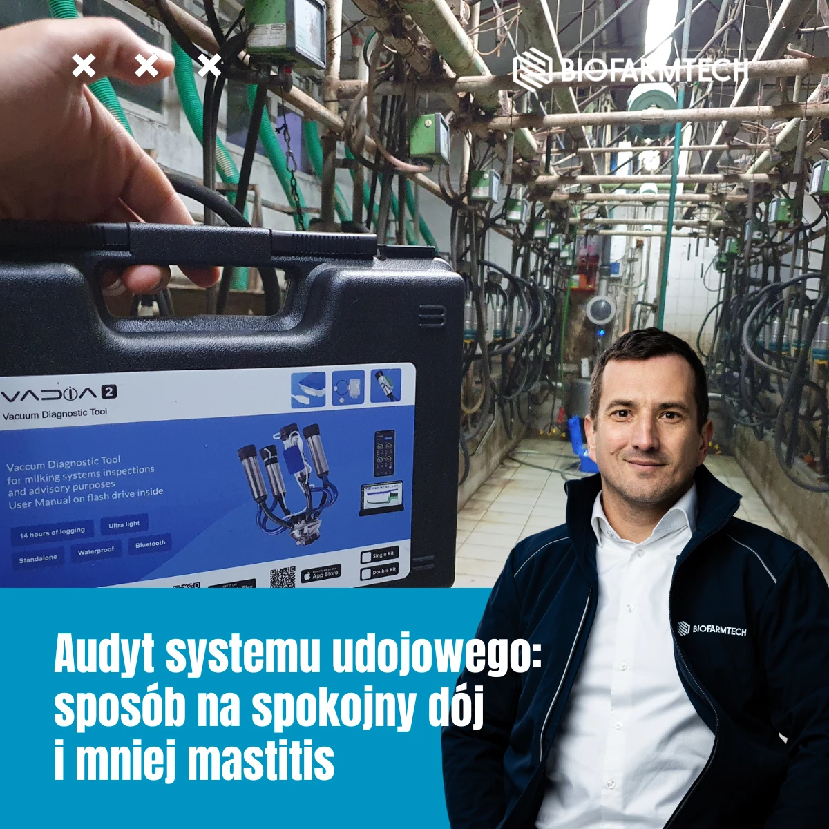 Urządzenie VaDia 2 do pomiaru podciśnienia trzymane w oborze podczas audytu systemu udojowego