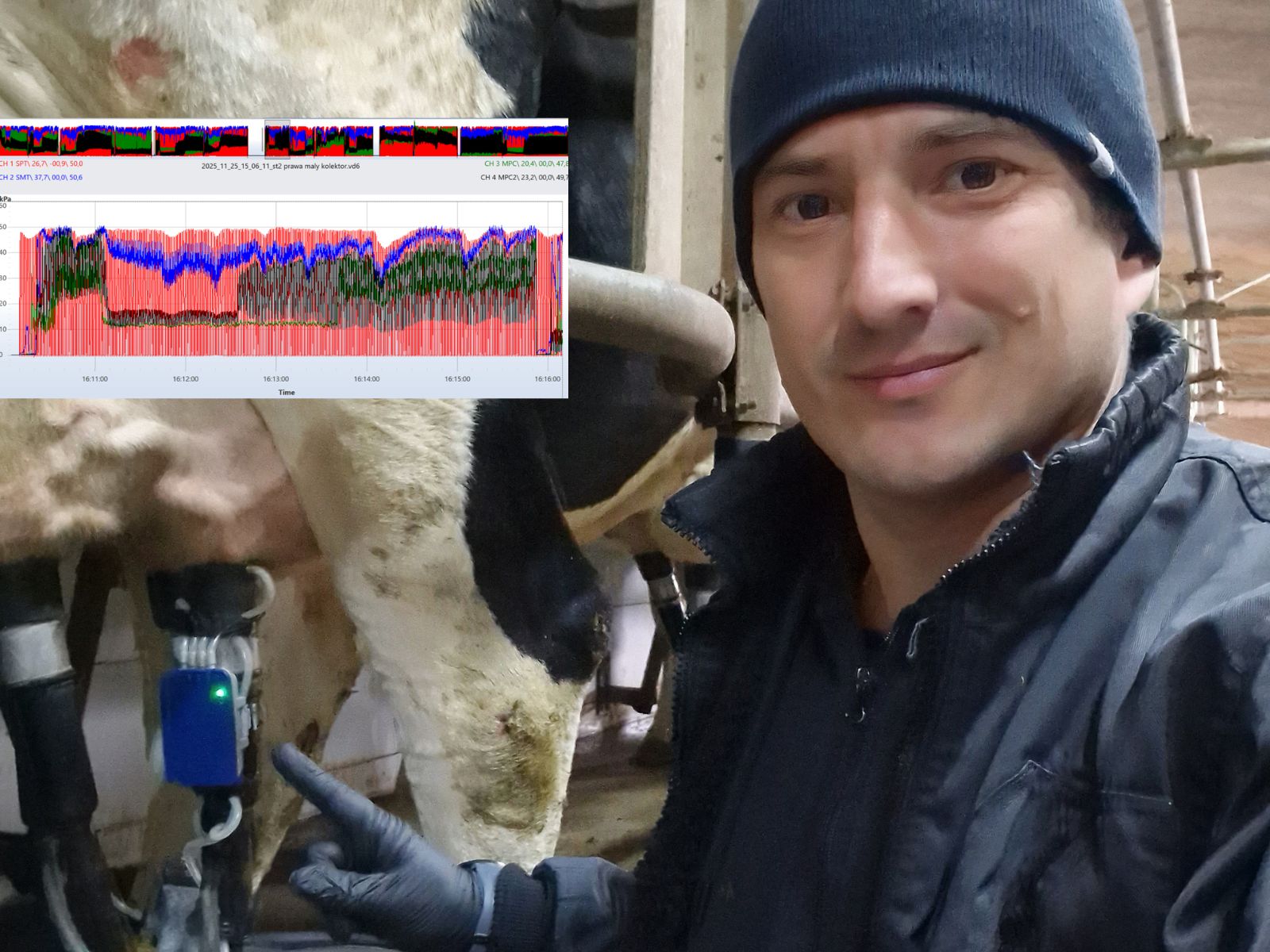 Paweł Panasiuk wskazuje rejestrator VaDia zamontowany przy kolektorze podczas doju